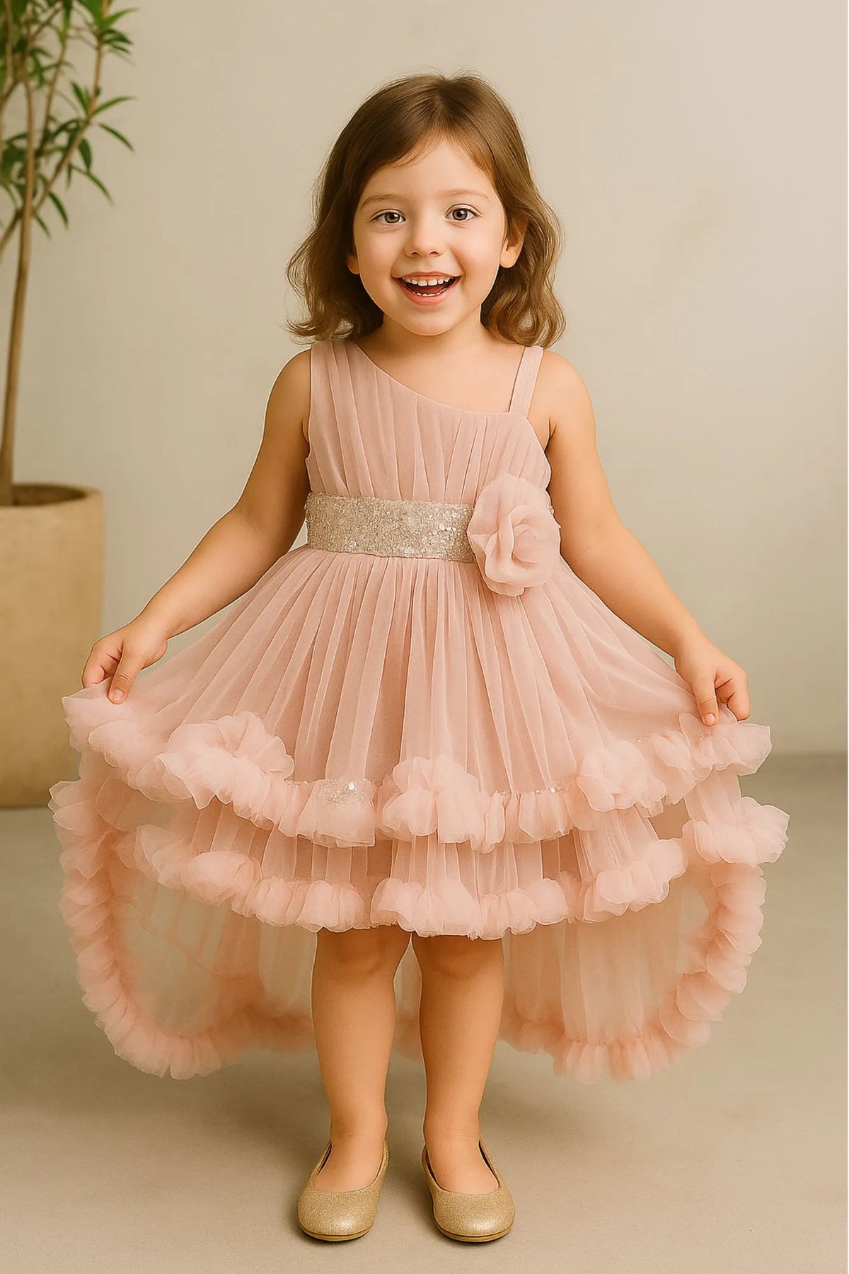 Dusty Pink Layered Ruffled With Sequins Party Frock For Girls