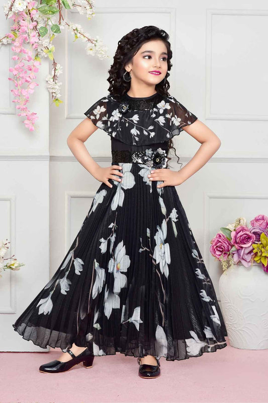 Black Printed Gown With Sequin And Floral Waist Band For Girls