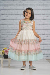 White Net Frock With Rainbow Pattern Ruffle Design For Girls