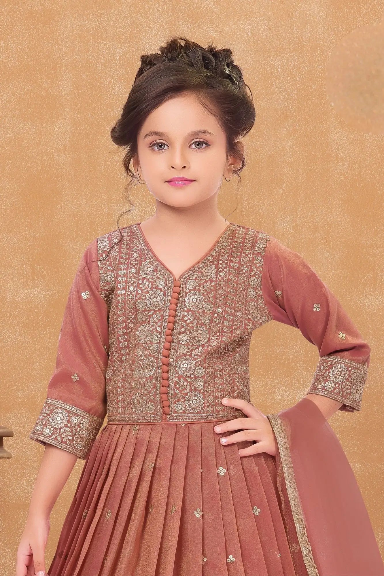 Rust Embroidered Long Ethnic Gown with Dupatta For Girls