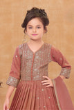 Rust Embroidered Long Ethnic Gown with Dupatta For Girls