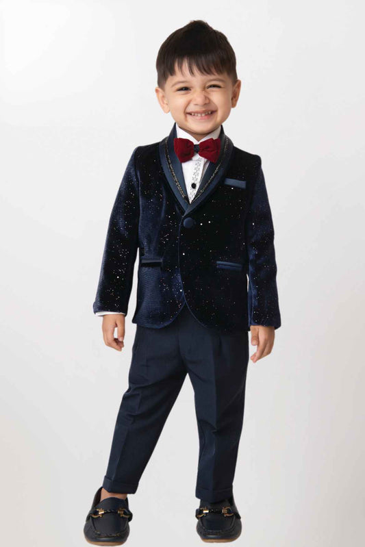 White Shirt With Navy Blue Blazer And Pant Set For Boys