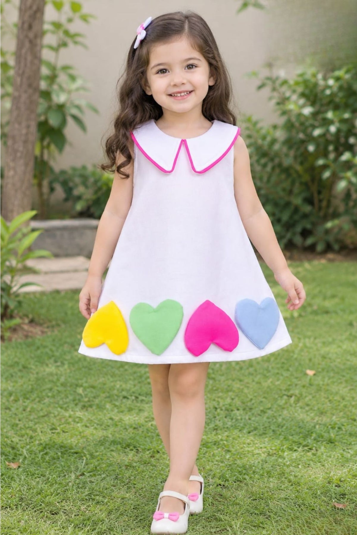 Girls White Heart Applique Party Frock