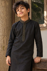 Black Embroidered Linen Kurta Set For Boys