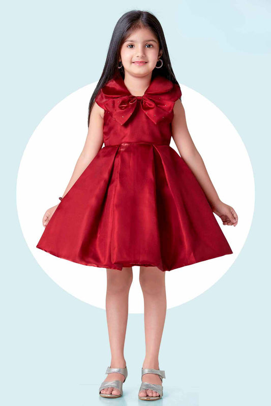 Maroon Bow Embellished Party Wear Frock For Girls