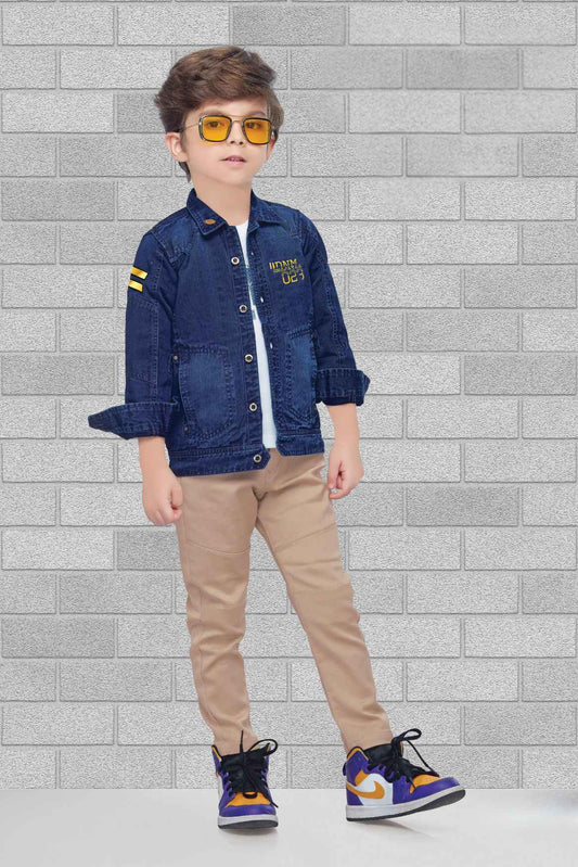 Stylish Denim Jacket With T Shirt And Pant Set For Boys