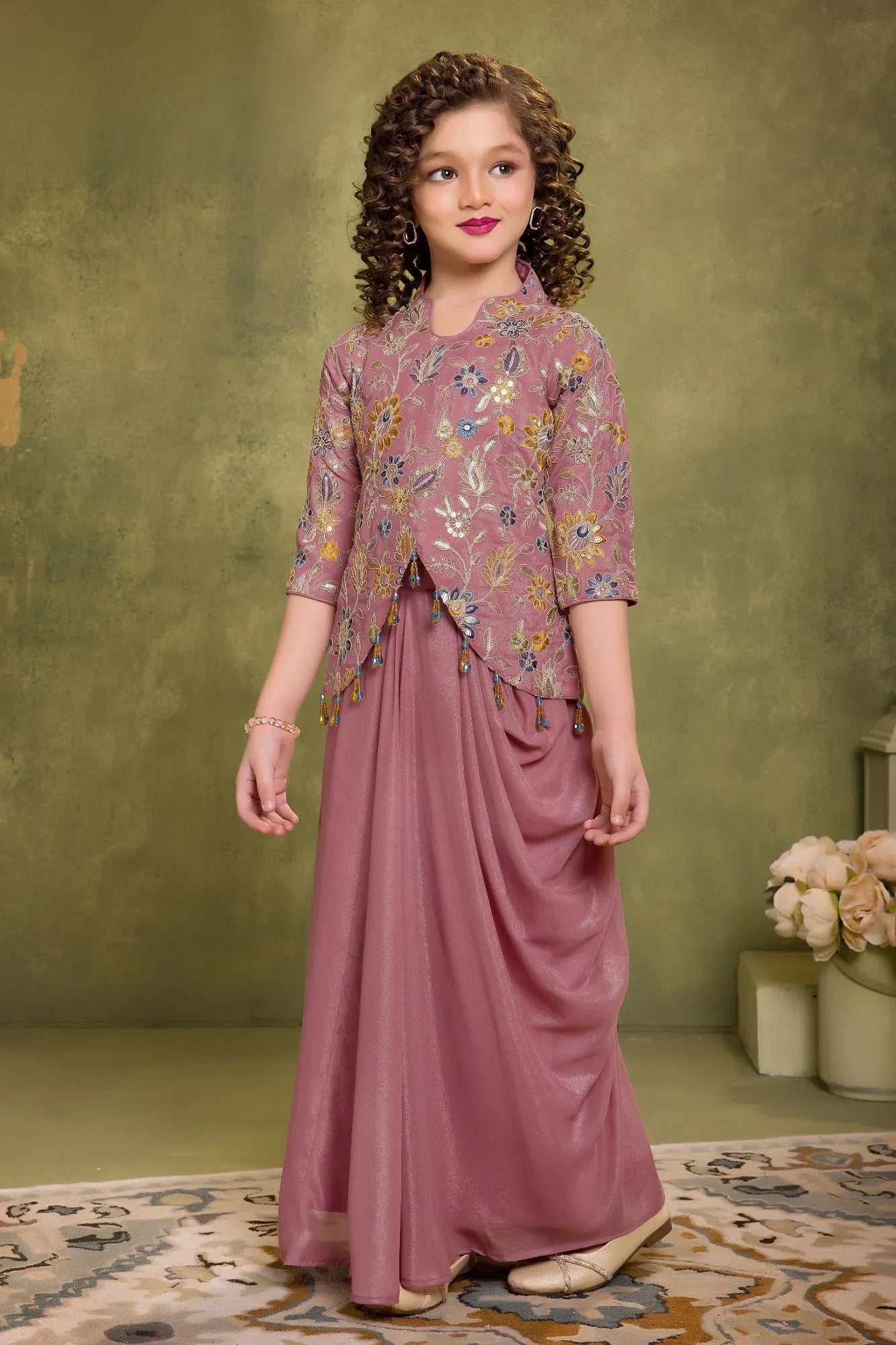 Onion Pink Draped Indo-Western Dhoti Set with Floral Embroidered Top For Girls