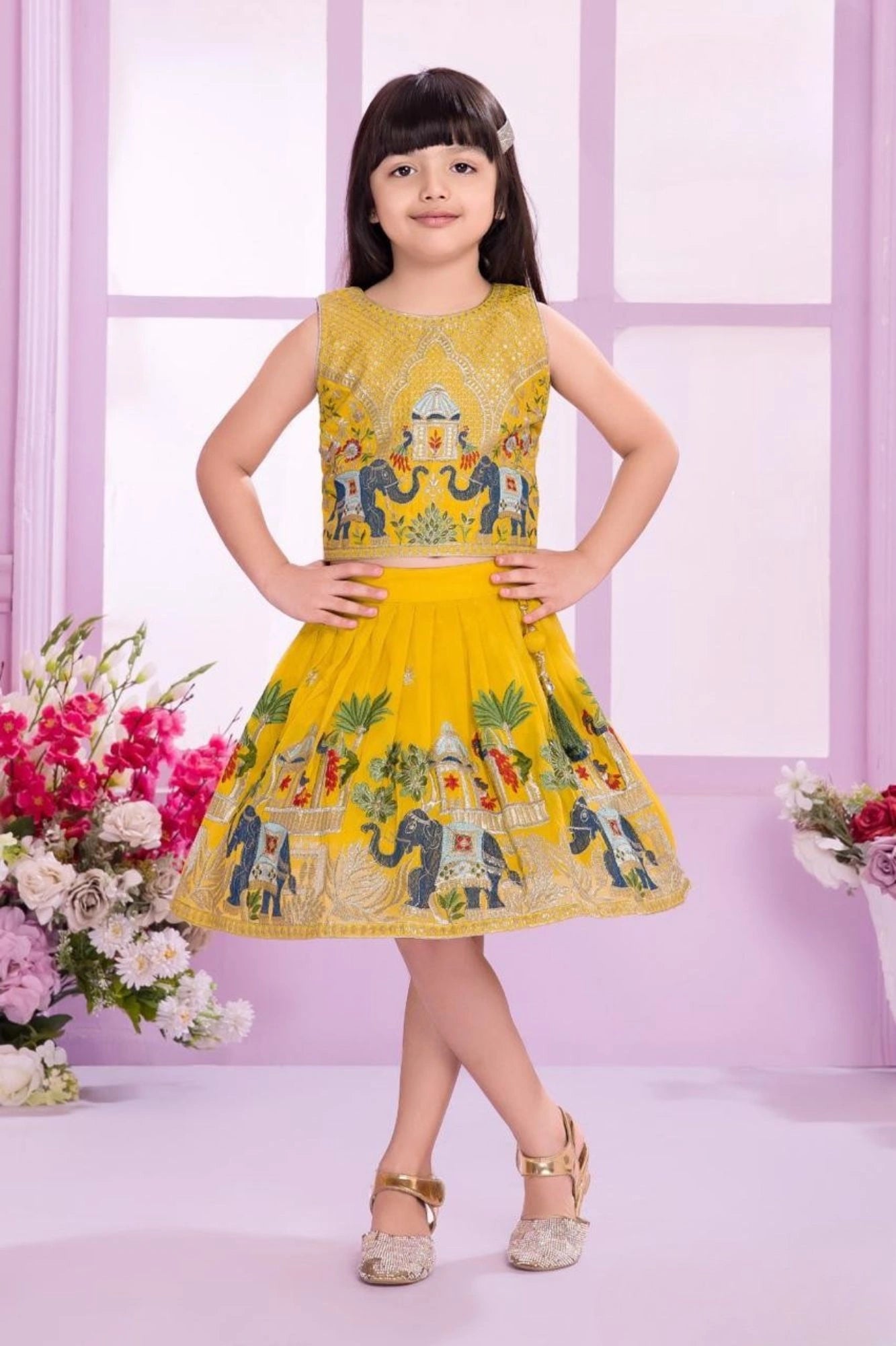 Royal Elephant Motif Yellow Embroidered Ethnic Skirt & Top Set For Girls