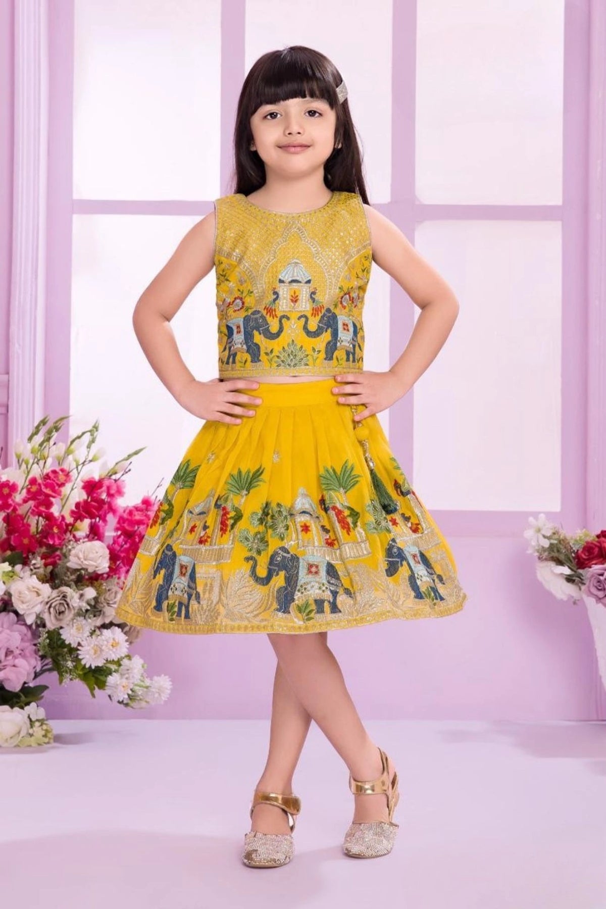 Royal Elephant Motif Yellow Embroidered Ethnic Skirt & Top Set For Girls