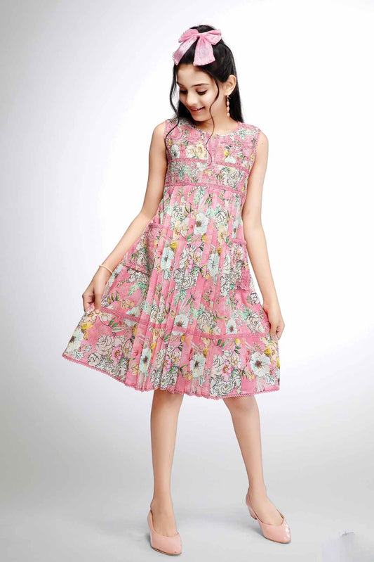 Pink Floral Printed Casual Dress for Girls