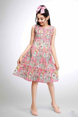 Pink Floral Printed Casual Dress for Girls