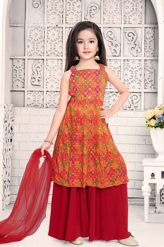 Elegant Red Mirror Work Palazzo Set for Girls