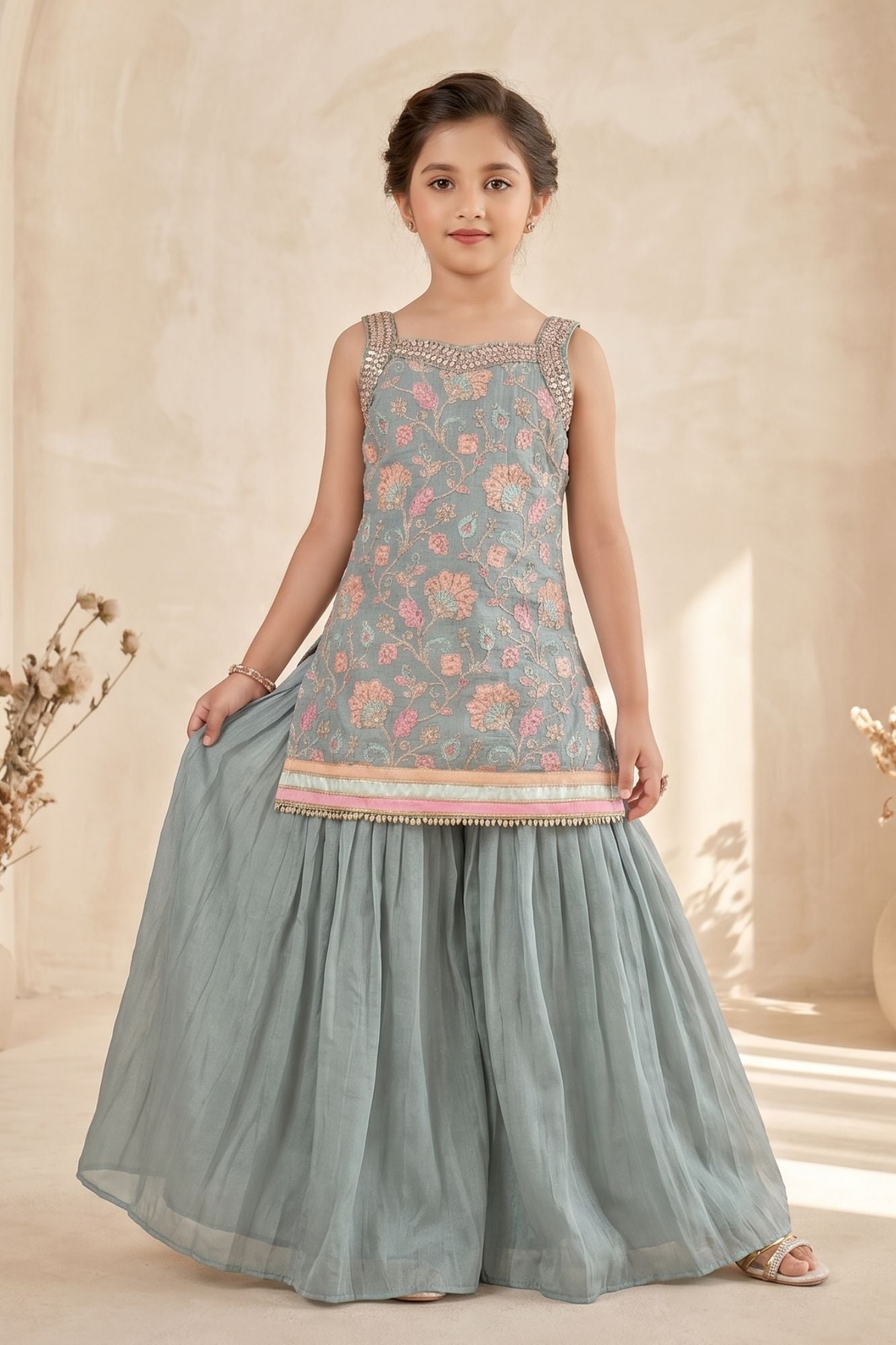 Powder Blue Floral Embroidered Palazzo Set For Girls