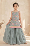 Powder Blue Floral Embroidered Palazzo Set For Girls