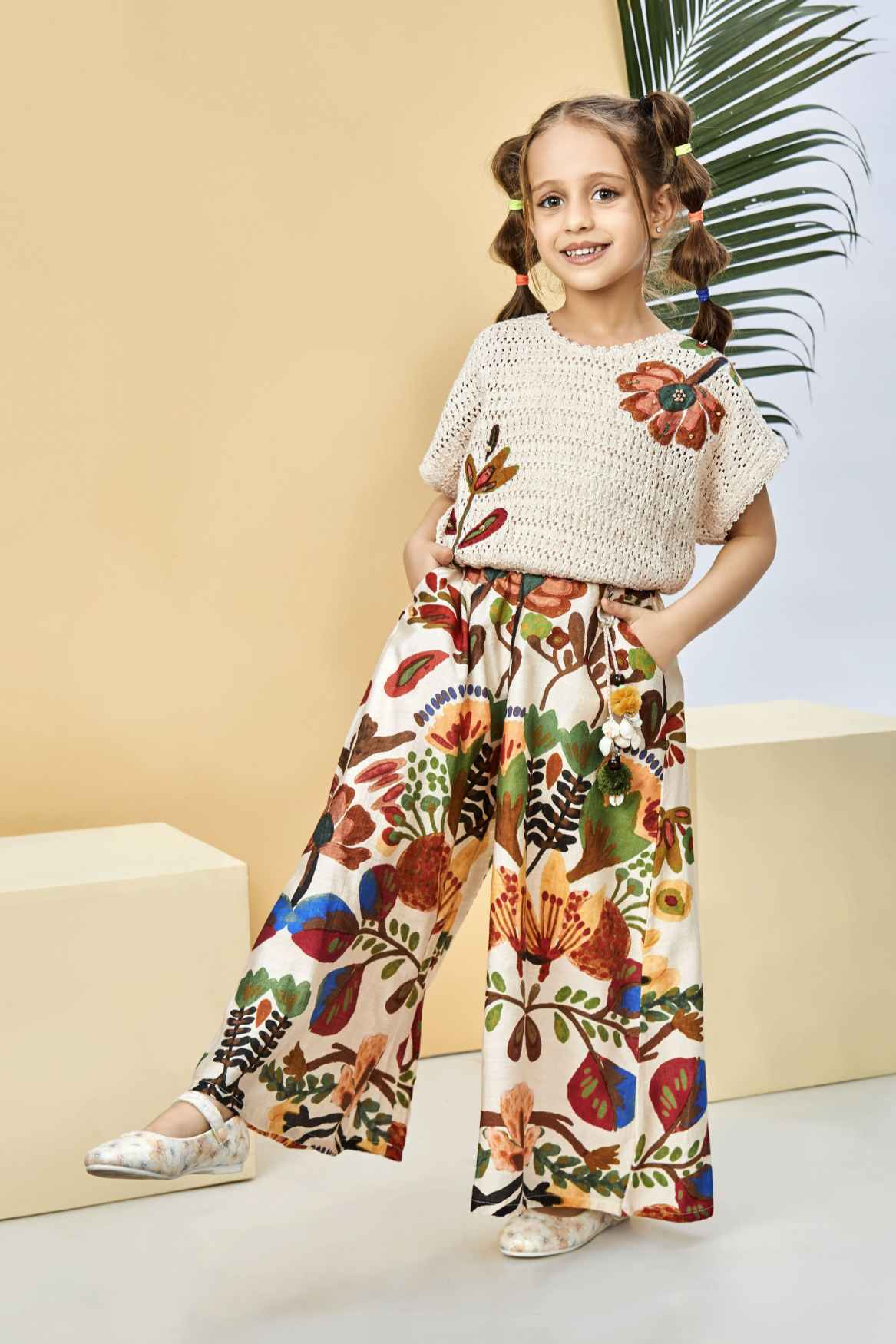 Stylish Cream Crochet Top With Floral Printed Pant Set For Girls