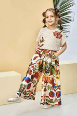 Stylish Cream Crochet Top With Floral Printed Pant Set For Girls