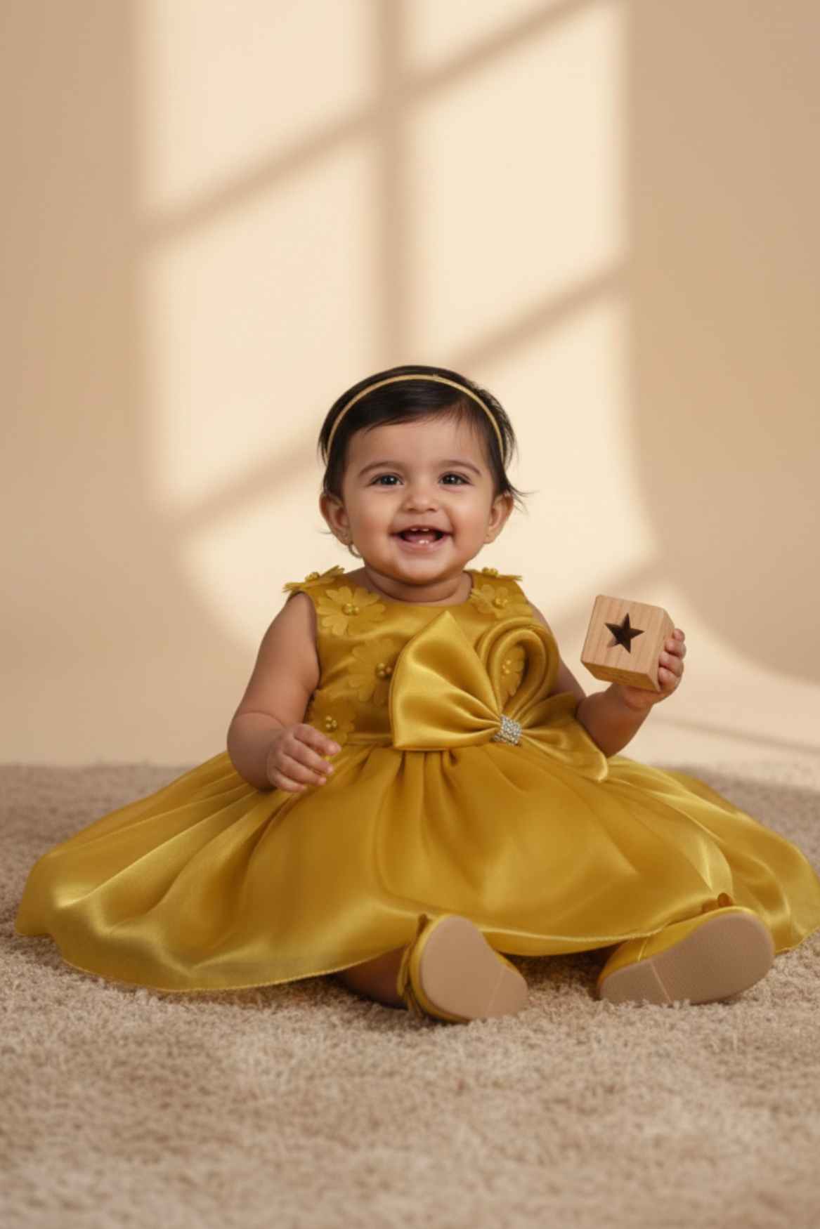 Golden Yellow Party Frock with Statement Bow and 3D Floral Appliqué For Girls