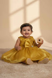 Golden Yellow Party Frock with Statement Bow and 3D Floral Appliqué For Girls