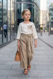 Girls Beige Wide-Leg Pants with Embroidered Top Set