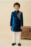 Teal Blue Sherwani Set with Tiger Embroidered Motif For Boys