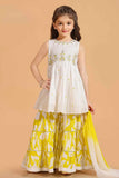 White & Yellow Sharara Set with Embroidered Kurta and Ombre Dupatta For Girls