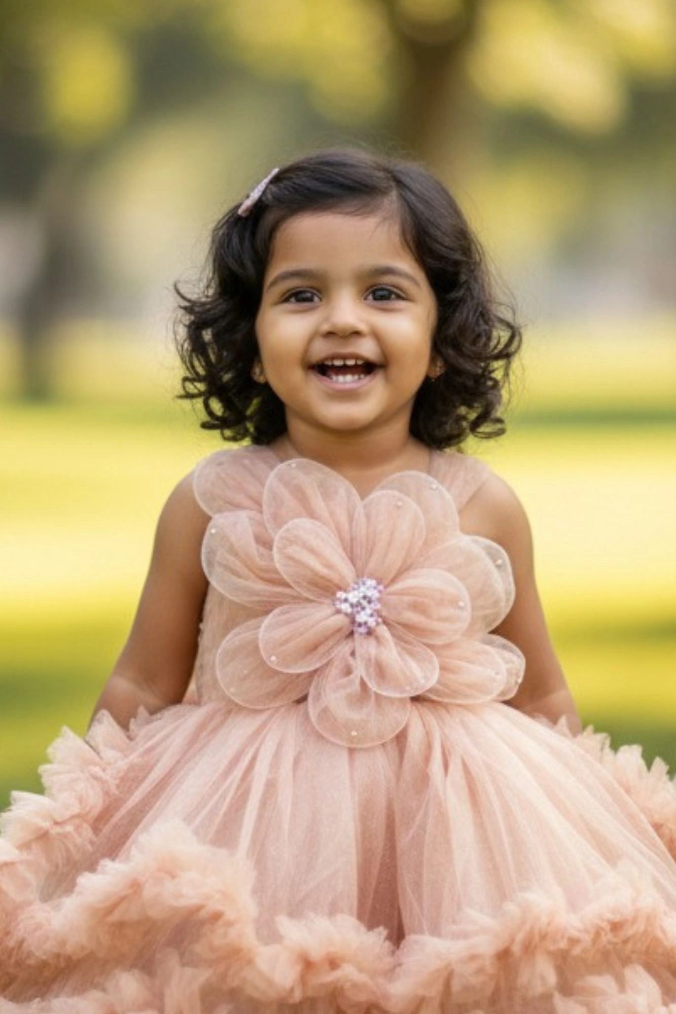Fawn Embellished Party Wear Frock with 3D Floral Appliqué With Tailback For Girls