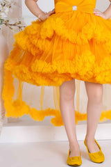 Yellow Ruffle And Layered High-Low Party Tailback Frock for Girls