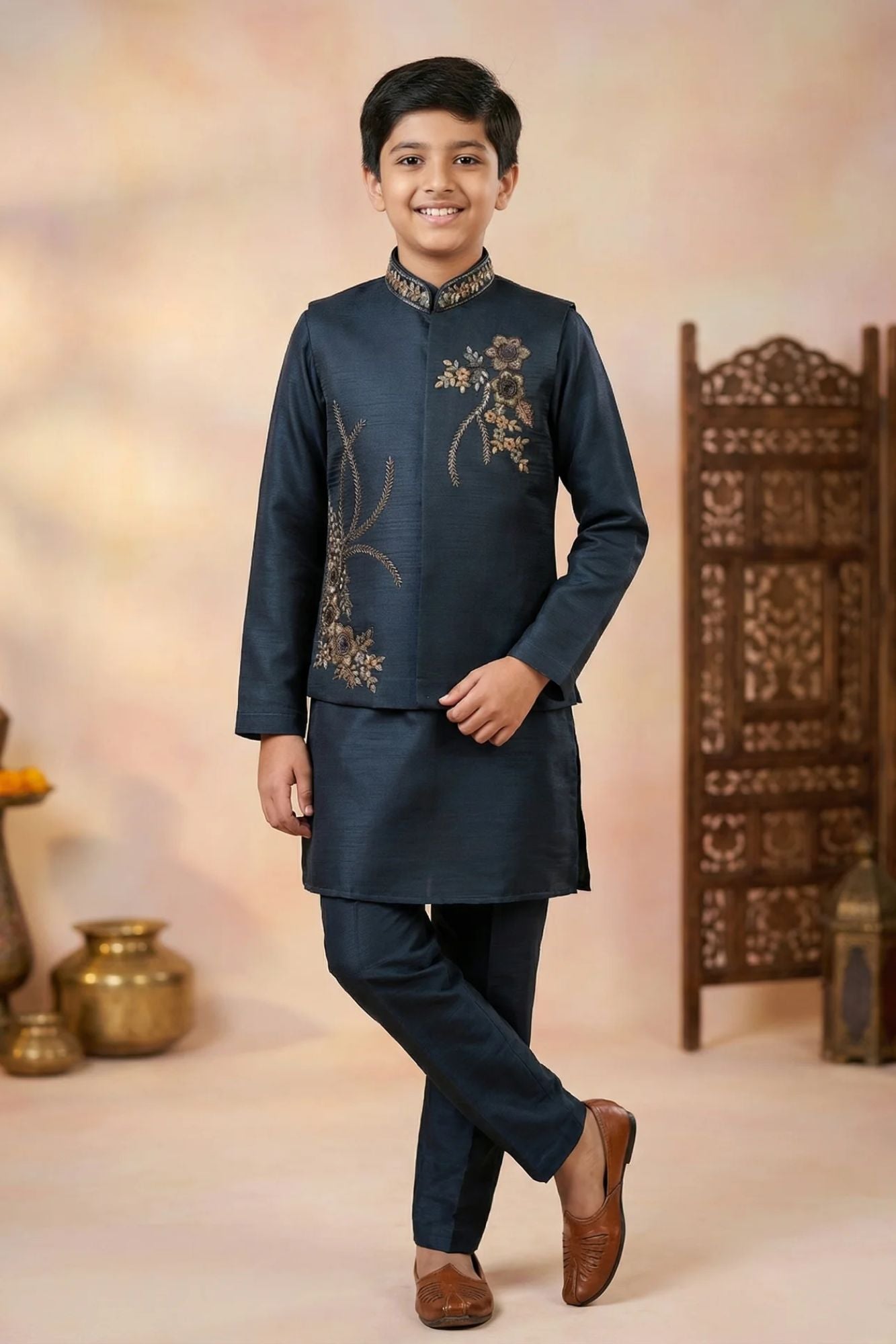 Boys Navy Blue Kurta Set with Embroidered Nehru Jacket