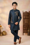 Boys Navy Blue Kurta Set with Embroidered Nehru Jacket