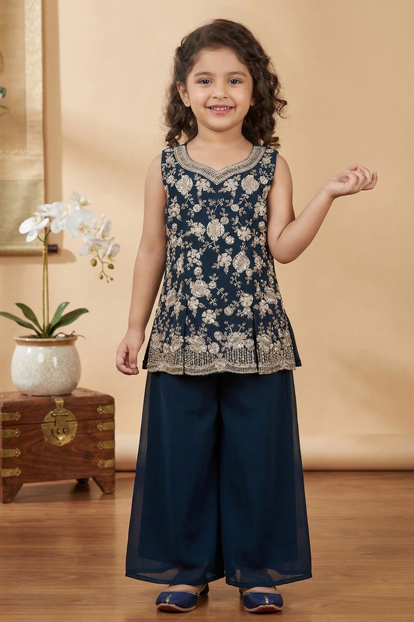 Navy Blue Embroidered Georgette Palazzo Set For Girls