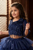 Girls Navy Blue One-Shoulder Ruffle Party Wear Lehenga Choli
