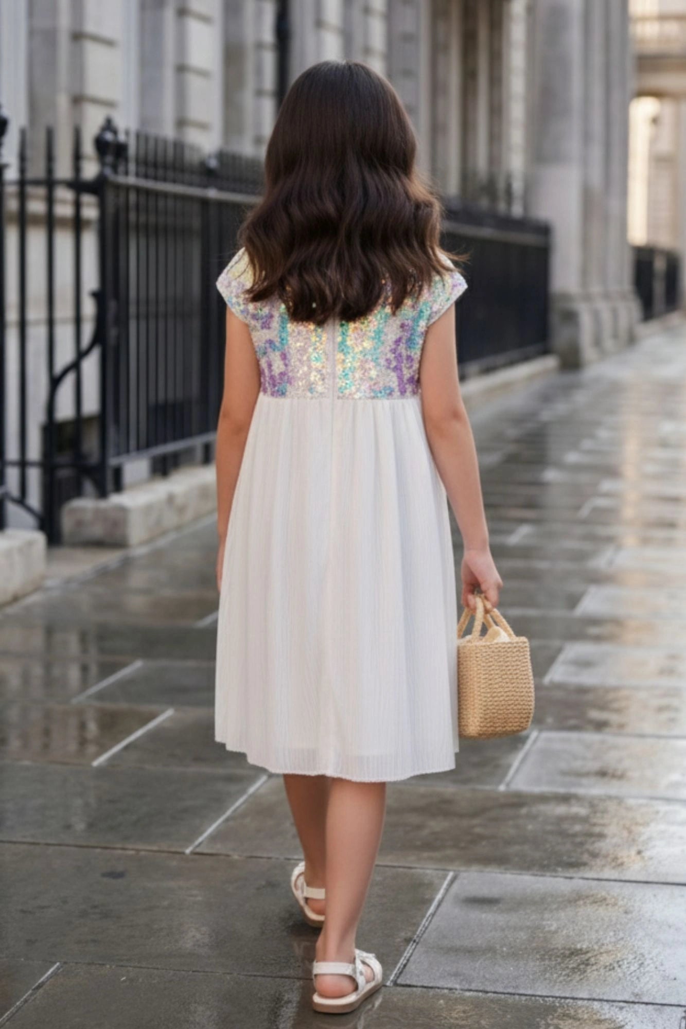 White Sequin Bodice Party Dress For Girls