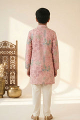 Boys Peach Floral Embroidered Kurta Set with Cream Pyjama
