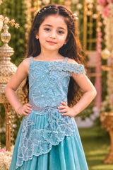 Elegant Aqua Blue Floral Embellished Pleated Palazzo Set for Girls