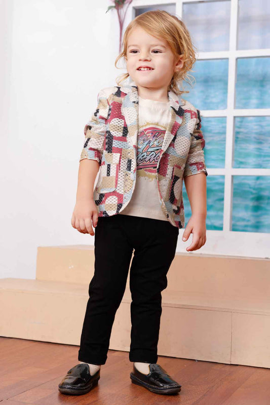 Fawn Printed T-shirt And Black Pant With Overcoat For Boys