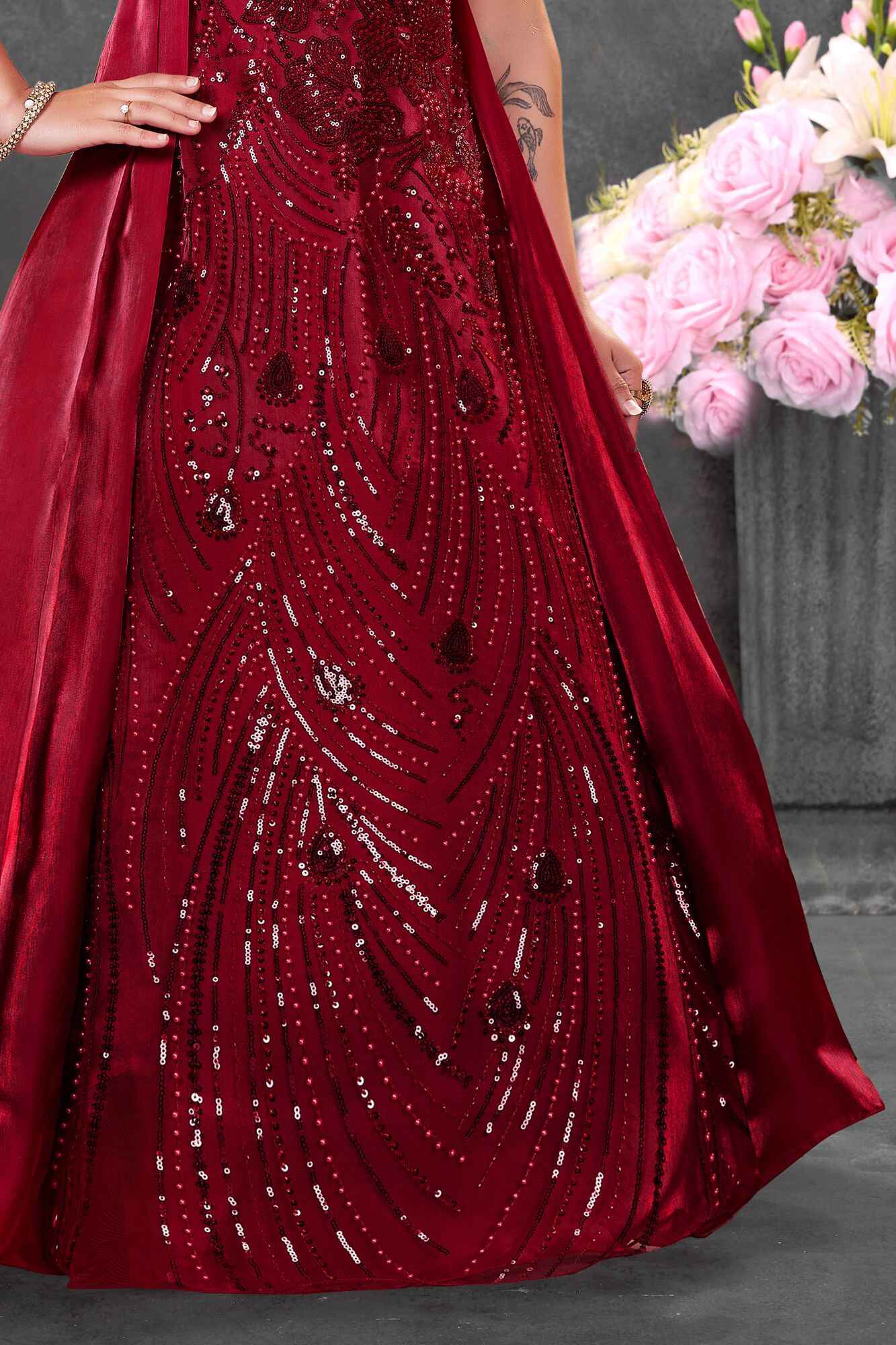 Red Sequin Embroidered Cape Style Party Wear Gown For Girls