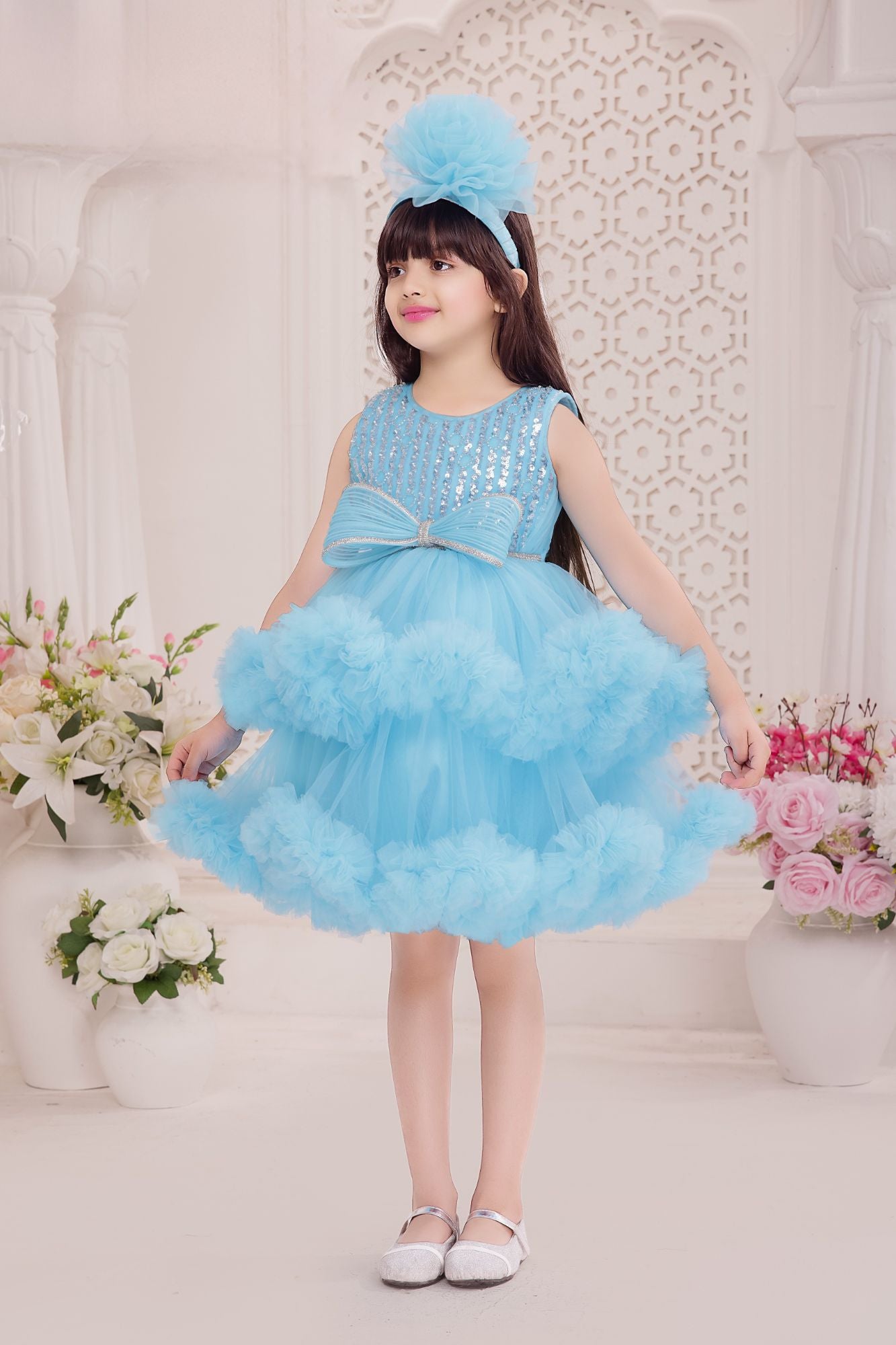 Sky Blue Sequined Tulle Party Wear Frock for Girls