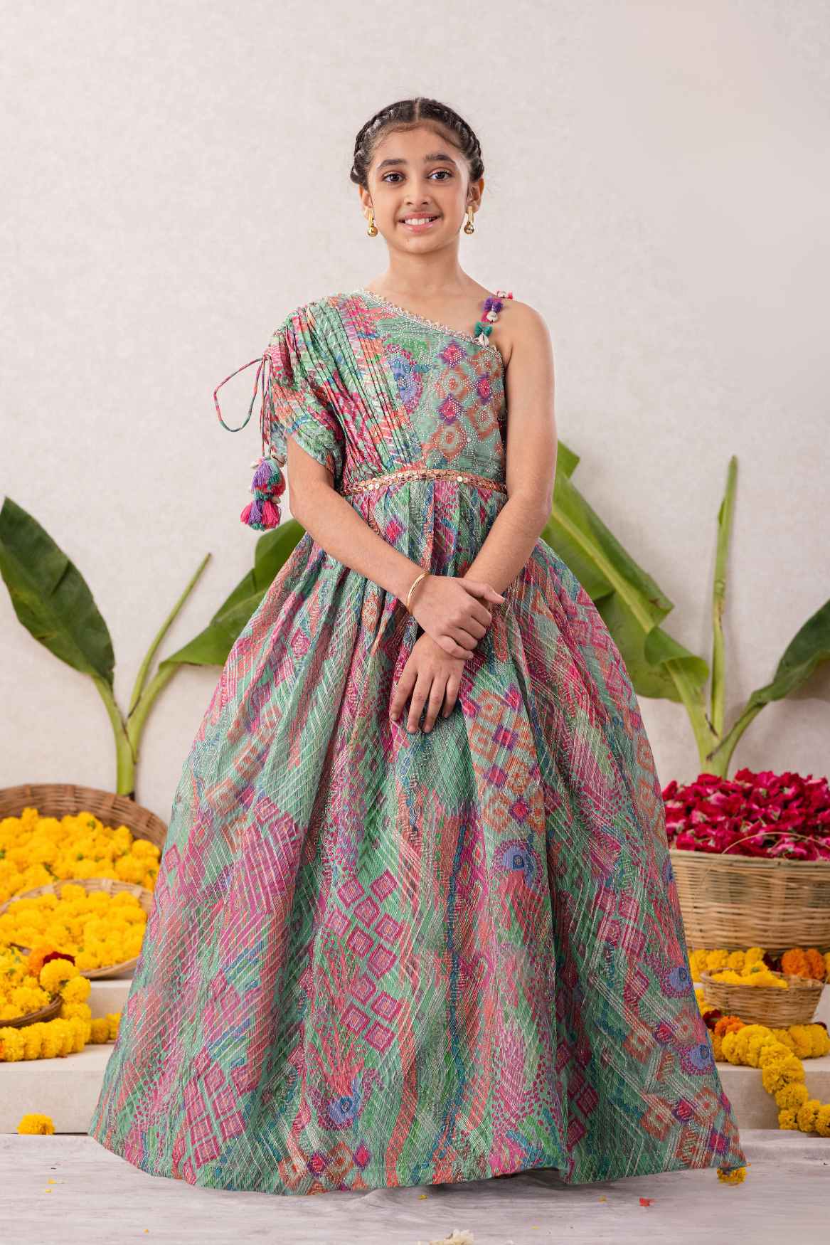Multicolor Sequins Work And Zari Embroidered Gown With Floral Printed For Girls