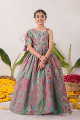 Yellow Sequins Work And Zari Embroidered Gown With Floral Printed For Girls