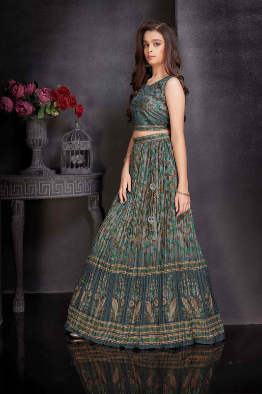 Teal Green Lehenga Choli Set With Printed And Sequin Work For Girls