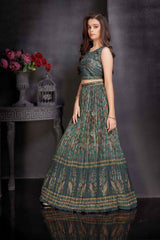 Teal Green Lehenga Choli Set With Printed And Sequin Work For Girls