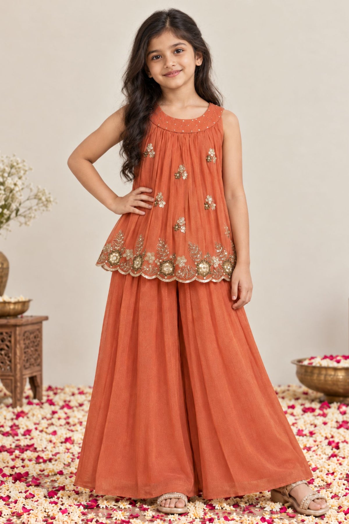 Girls Rust Orange Floral Sequin Embellished Palazzo Set With Dupatta