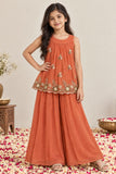 Girls Rust Orange Floral Sequin Embellished Palazzo Set With Dupatta