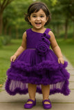 Purple High-Low Party Frock with Floral Embellished & Ruffle Layers For Girls
