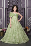 Designer Pista Green Bow Embellished And Sequins Work Party Wear Gown For Girls
