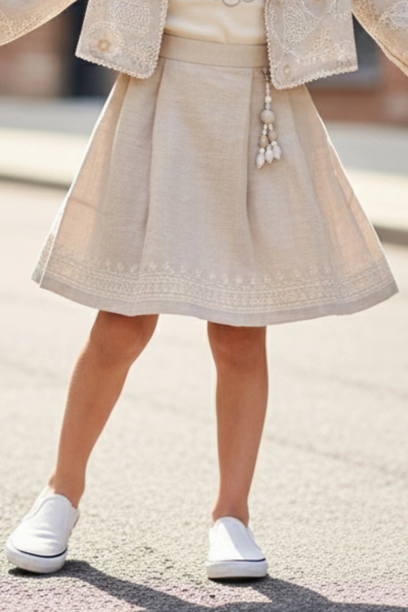 Beige Embroidered Jacket & Skirt Co-ord Set For Girls