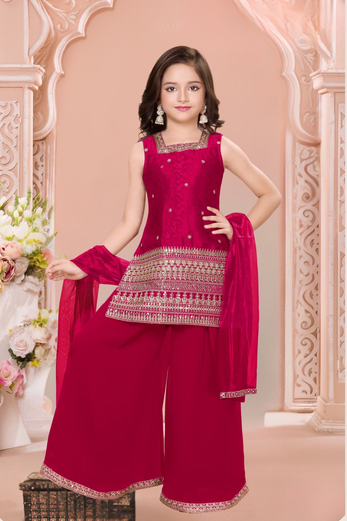 Rani Pink Embroidered Palazzo Set For Girls