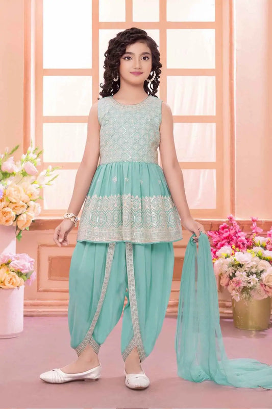 Sea Green Sequins Embroidered Dhoti Set With Peplum Kurti And Dupatta For Girls