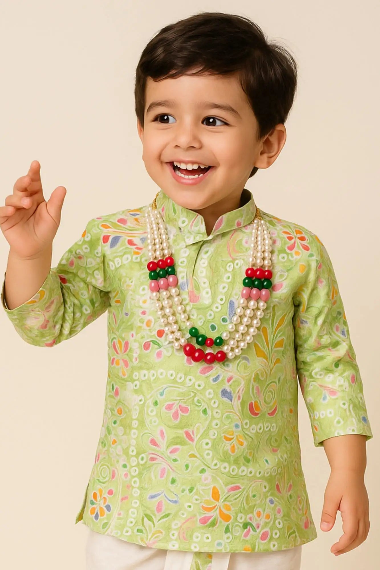 Pista Green Patchwork-Style Kurta with Cream Dhoti Set