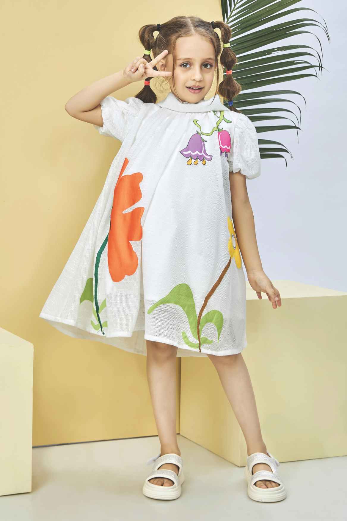 White Colorful Floral Printed Dress For Girls